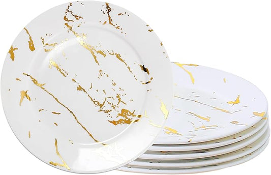 Modern 6-Piece Dinner Plate Set, 10-Inch White Marble Ceramic Plates with Gold Rim, Elegant Appetizer Salad Dessert Plates for Everyday Dining & Party.