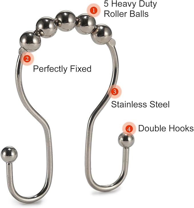 Goowin Shower Curtain Hooks, 12 Pcs Shower Curtain Rings, Stainless Steel Brush Nickel Shower Curtain Hooks Rings Rust Proof, Smooth Sliding Anti-Drop Double Shower Hooks for Shower Curtain (Nickel)