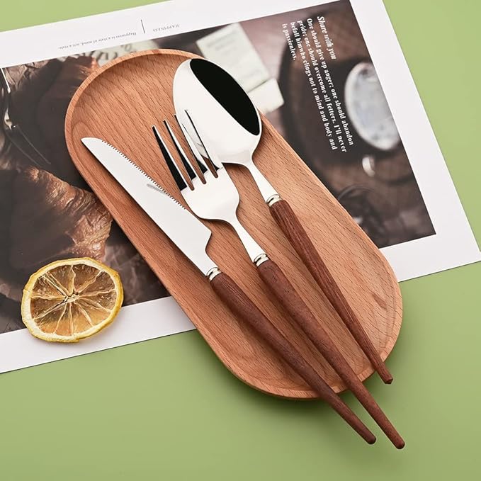 20-Piece Wood Handle Silverware Set 304 Stainless Steel Flatware Set Service For 4, Forks Spoons and Knives Set for Home, Restaurant, Wedding, Party (Rosewood)