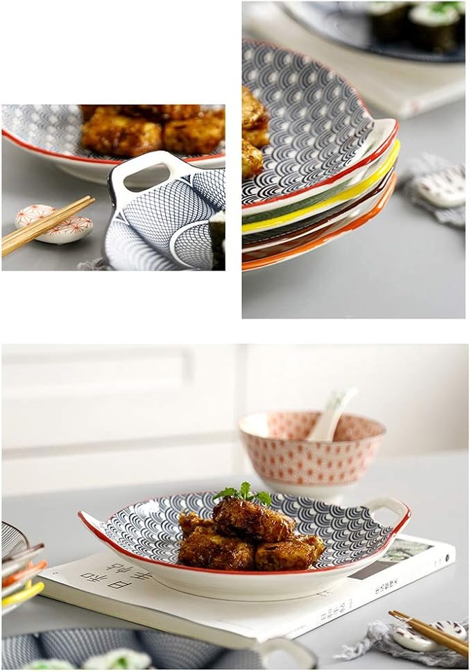 Ceramic Cutlery Salad Bowl Ceramic Double Handle Snack Plate Appetizer Plate Sushi Plate Underglaze Color Disc Universal Sauce Plate Fruit Plate Small Bowl (Color : A)