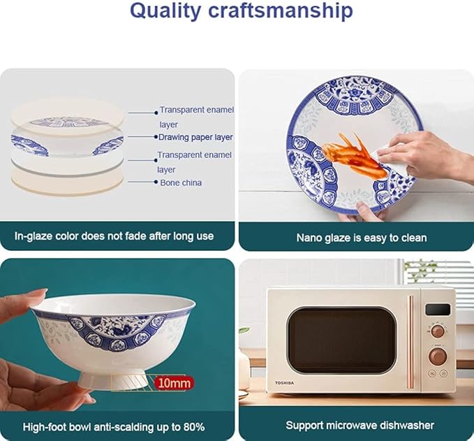 Creativity Ceramic Dinner Plate Sets, 58 Piece Dinnerware Set Service for 6-8, Blue and White Pattern Bone China Bowls and Dish Set
