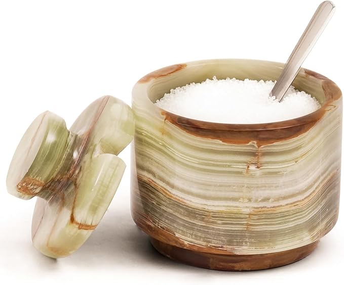MARBLOUS KRAFTS Marble Salt Cellar 3' Green Onyx Seasoning Container, Spice Rack for Countertop, Perfect Kitchen Tabletop Sugar Jar, Stone Salt Bowl with Lid and Spoon, Gift for Her