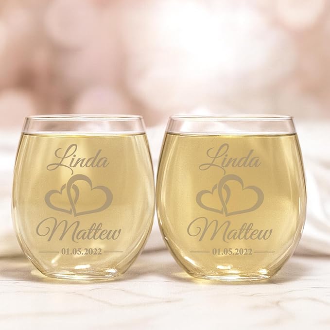Gifts Inscribed Personalized Mr and Mrs Wine Stemless Glass Set of 2 – Custom Engraved Wedding Stemless Wine Glasses Gift for Couples, Engagement, Birthday, or Anniversary