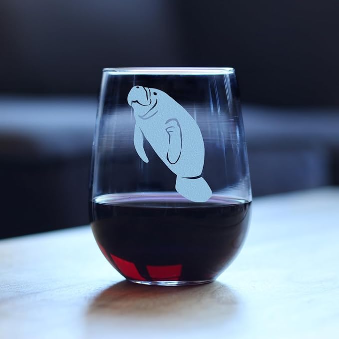 Custom Manatee Personalized Stemless Wine Glass - Funny Ocean Animals Themed Decor and Gifts for Sea Creature Lovers - Large 17 Oz - Customized Wine Glass Gift
