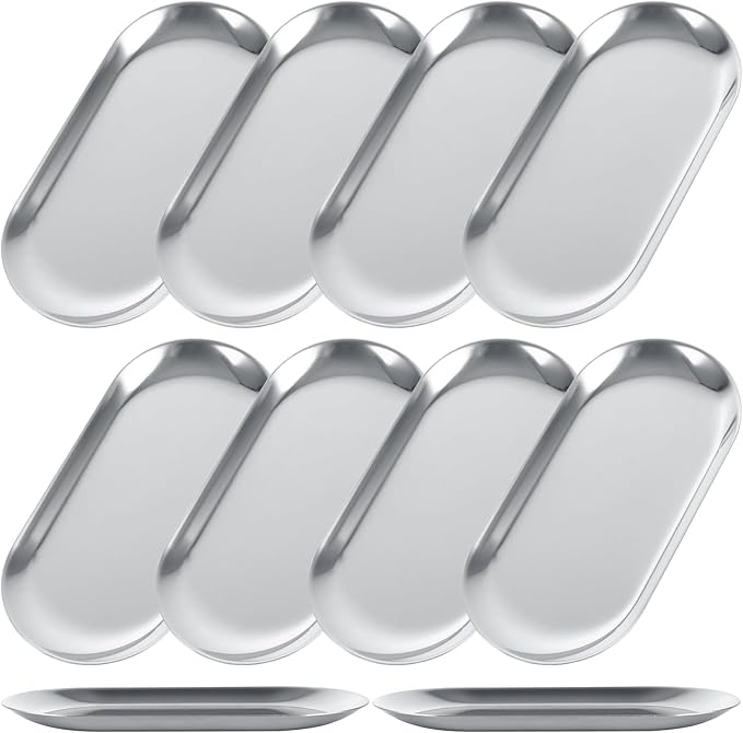 10PCS Stainless Steel Serving Tray Set Silver Platters for Serving Food Extra Small Metal Trays Decorative 7" Long Plate Oval Storage Tray Thickened Serving Dishes for Party Buffet Sushi Snack