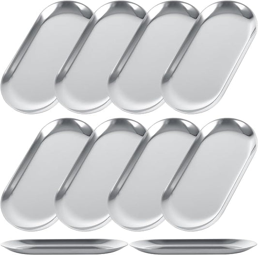 10PCS Stainless Steel Serving Tray Set Silver Platters for Serving Food Extra Small Metal Trays Decorative 7" Long Plate Oval Storage Tray Thickened Serving Dishes for Party Buffet Sushi Snack