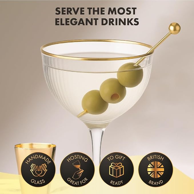 VEMACITY - Ribbed Nick and Nora Cocktail Glasses with Gold Rims (5.4oz) | Nick & Nora Glasses Set of 4, Jigger & 4 Picks - Vintage Glassware | Gimlet Cocktail Glasses | Ideal for Gifting