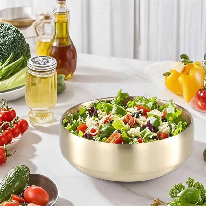 SANQIAHOME 47oz/8.3" Quality Stainless Steel Salad Bowl 2pcs/set – Double-walled Anti-scald, Dishwasher Safe, Large Serving Bowl for Family & Parties Golden, large-capacity soup bowl