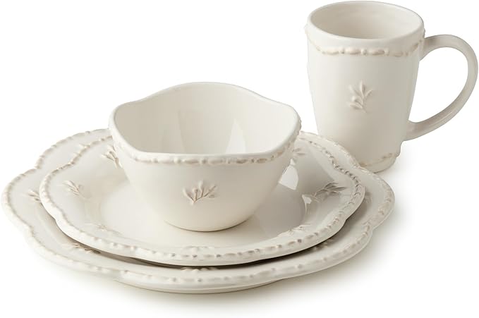 Heritage Beads 16pc Stoneware Dinnerware Set – Classic Cream White Plates, Bowls & Mugs with Raised Bead Accents – Elegant Vintage-Inspired Tableware, Service for 4, Dishwasher Safe