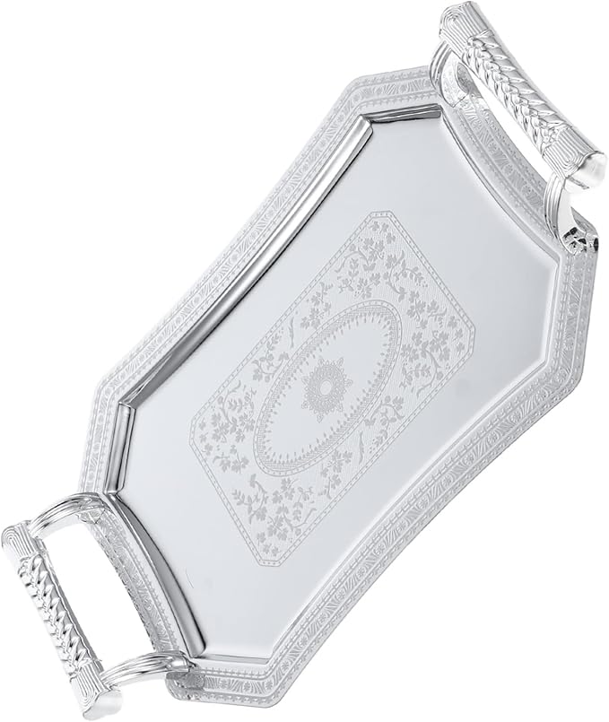 Unomor Stainless Steel Serving Tray European Style Geometric Design Silver Metal Platter for Snacks and Beverages for Parties and Entertaining