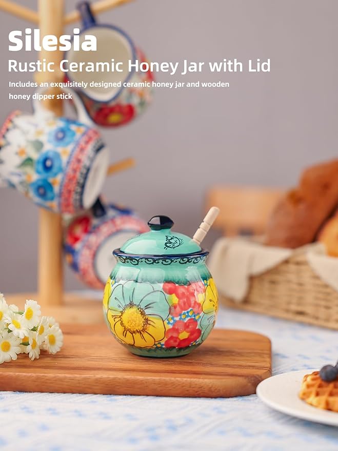 silesia Handmade Ceramic Honey Jar with Lid, 8 oz Floral Design Honey Pot with Dipper, Hand-Painted Honey Containers for Honey, Jam, or Syrup, Dishwasher Safe (Flowers Green)