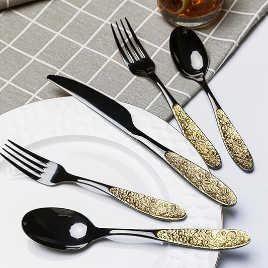 TWEE Black Gold Silverware Set for 4 Unique 18/10 Stainless Steel 20 Flatware Set Beautifully Embossed Floral Pattern Mirror Polished Kitchen Utensils Set for Home Restaurant Tableware