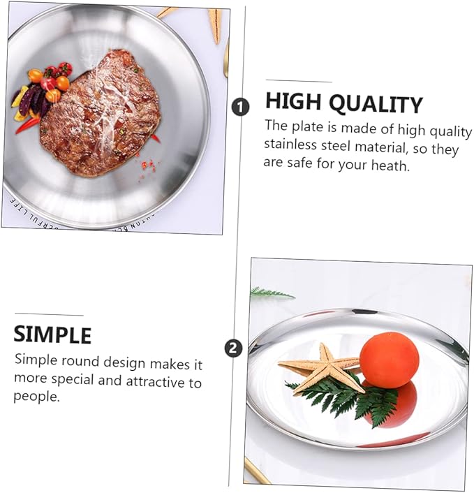 PRETYZOOM 2pcs Elegant Round Bbq Plate Stainless Steel Pizza Serving Trays Storage Plate for Family Gatherings