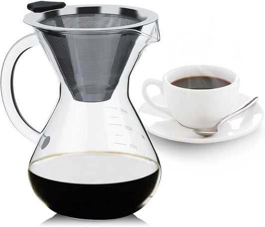 Pour Over Coffee Maker, 13oz Borosilicate Glass Brewer with Permanent Stainless Steel Filter - Complete Dripper Set for 1-2 Cups, Ideal for Home, Camping & Cafe Use