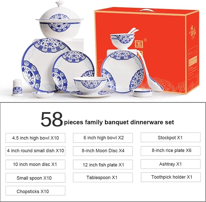 Creativity Ceramic Dinner Plate Sets, 58 Piece Dinnerware Set Service for 6-8, Blue and White Pattern Bone China Bowls and Dish Set