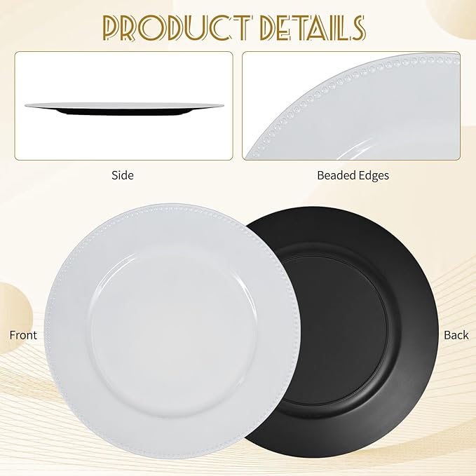 50 Pcs White Charger Plates Round Charger Plates13 Inch Bulk Wedding Dinner Elegant Reusable Plastic Chargers Plates Wedding Holiday Party Baby Shower Event Decoration (White)