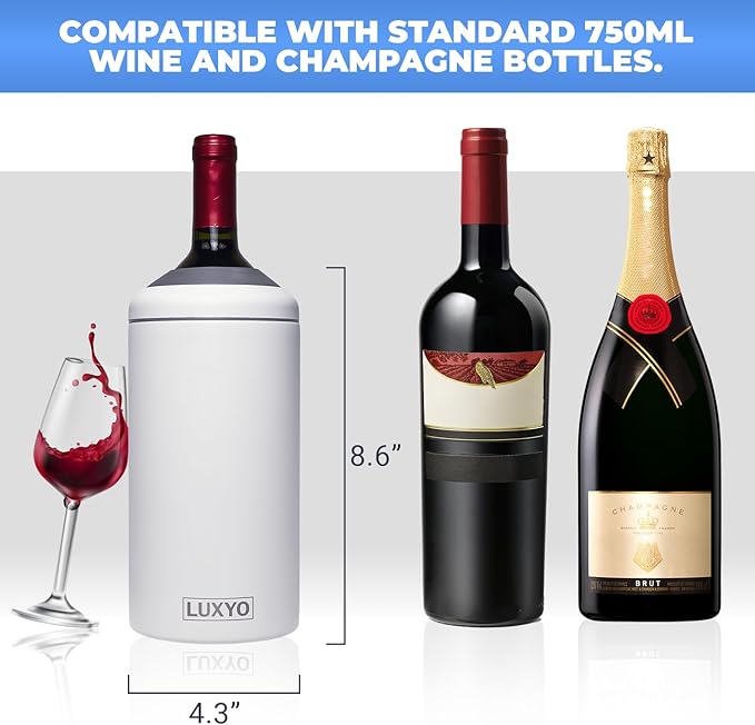 LUXYO Wine Bottle Chiller – Portable Insulated Champagne Cooler for 750ml Bottles, Stainless Steel Double Wall Bucket for Hosting, Gifts & Outdoor Use