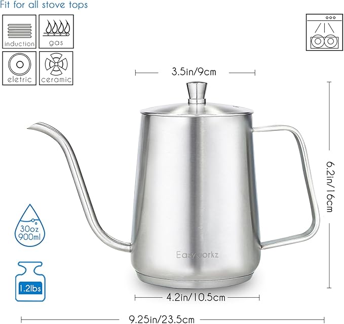 Easyworkz Gooseneck Pour Over Coffee Kettle 30 fl oz Stainless Steel Hand Drip Coffee Pot With Long Narrow Spout, Suitable for Induction Cookers, Silver