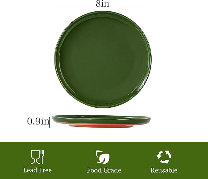 8 Inch Salad&Dessert Plates, Small Dinner Plates Sets for 4, Dishwasher & Microwave Safe, Ceramic Dinner Dishes for Cake, Fruits, Waffle, Pasta, Salad, Elegant Green