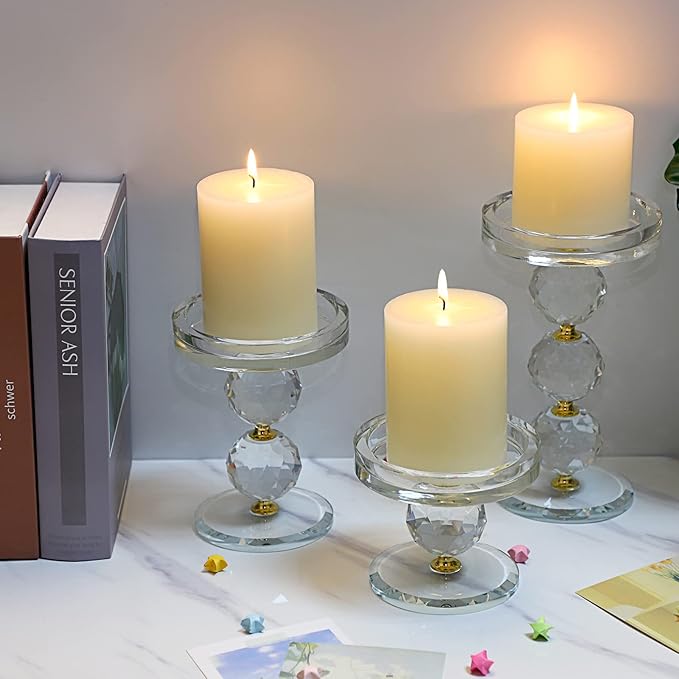 OwnMy Set of 3 Gold Crystal Glass Pillar Candlestick Holders Votive Candle Holder Set, Clear Glass Tea Light Candle Stick Holders Pillar Candle Stand Modern Candle Centerpiece for Living Room Wedding
