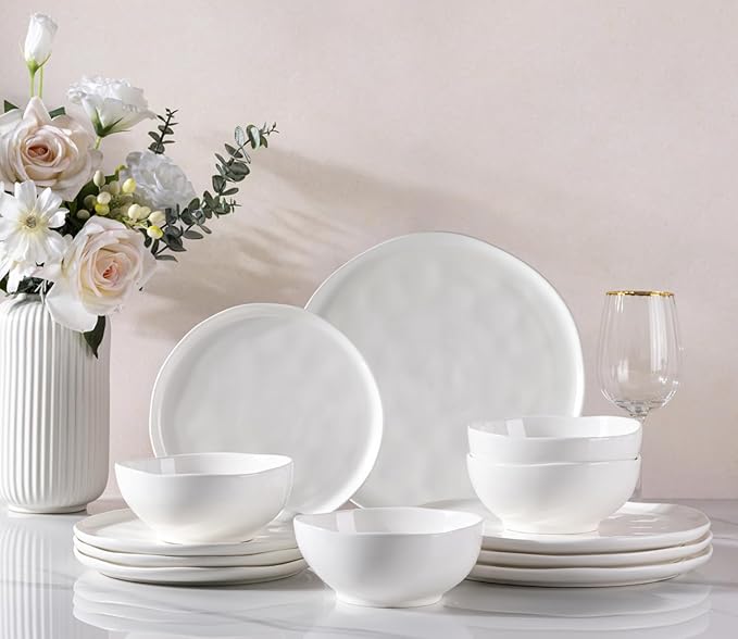 GBHOME Ceramic Dinnerware Sets for 4, 12 Pieces Porcelain Lightweight Plates and Bowls Sets, Scratch Resistant Dish Set, Oven & Microwave & Dishwasher Safe, Angel White