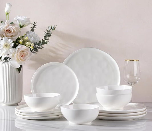 GBHOME Ceramic Dinnerware Sets for 4, 12 Pieces Porcelain Lightweight Plates and Bowls Sets, Scratch Resistant Dish Set, Oven & Microwave & Dishwasher Safe, Angel White