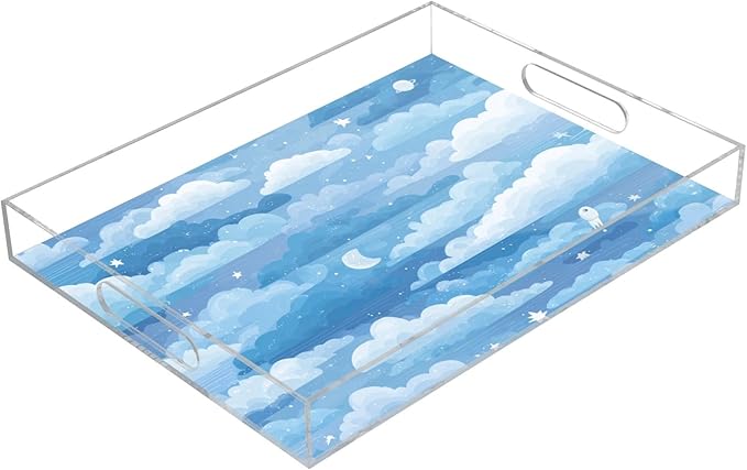 Serving Tray with Handles Clear Acrylic Tray 12x16 Inch Decorative Rectangular Tray Organizer for Ottoman Coffee Table Bathroom Blue Gradient Cloud and Stars