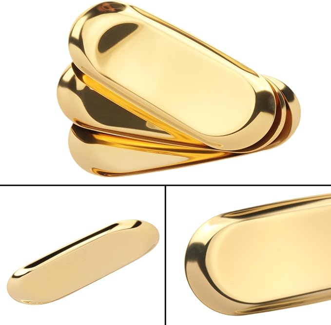 8 Pack 9 Inch Oval Stainless Steel Decorative Tray, Stainless Steel Tea Fruit Tray, 9 inch Gold Oval Trays for Bathroom Vanity, Jewelry, Perfume & Key Organizer (Gold)