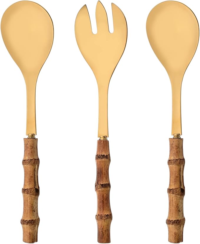 Natural Bamboo Handle Serving Utensils, Serving Spoon and Fork Set, Salad Servers Include 2 Large Serving Spoons and 1 Serving Fork, Stainless Steel Cutlery Set for Home/Party/Buffet, Gold