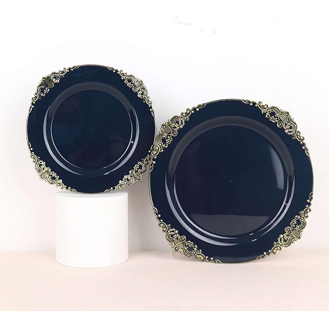 8" Salad Plates -Set of 20 - Plastic Navy Blue Round Baroque Disposable Chargers Leaf Embossed Rim, Ideal for Dinner Party Wedding Bulk Events