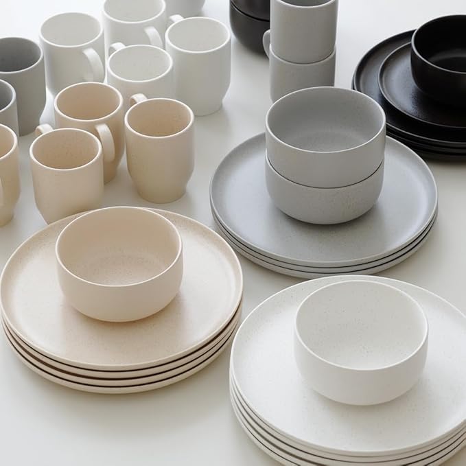 Stoneware Plates and Bowls Set - 12pcs Reactive Glazed Dinnerware Service for 4, Scratch & Chip Resistant (Nacre White)