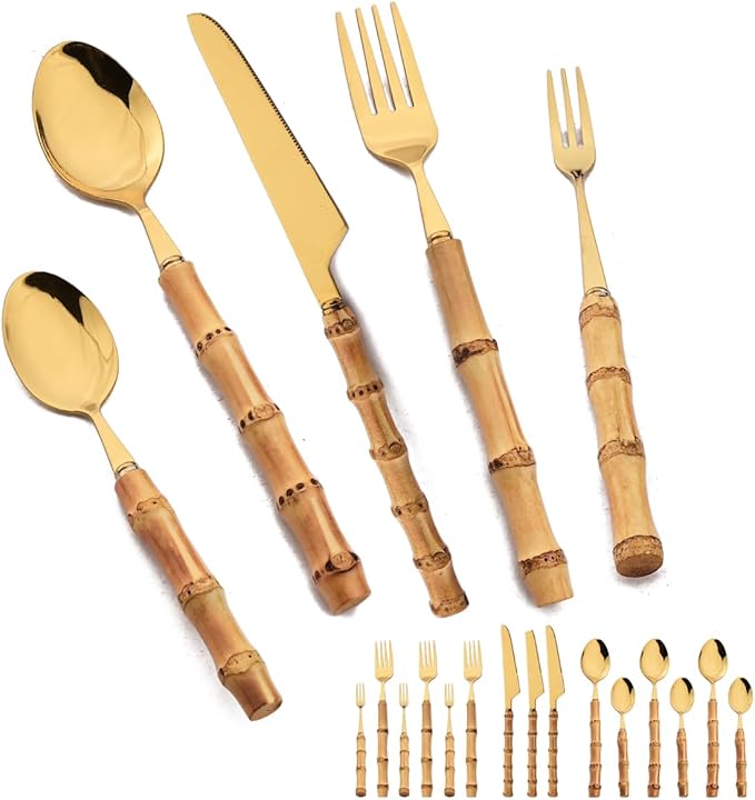 JASHII 20-piece Gold Stainless Steel Flatware Cutlery Set Silverware Knife Fork Spoon Set Bamboo Handle Dishwasher Safe for Dinner Buffet