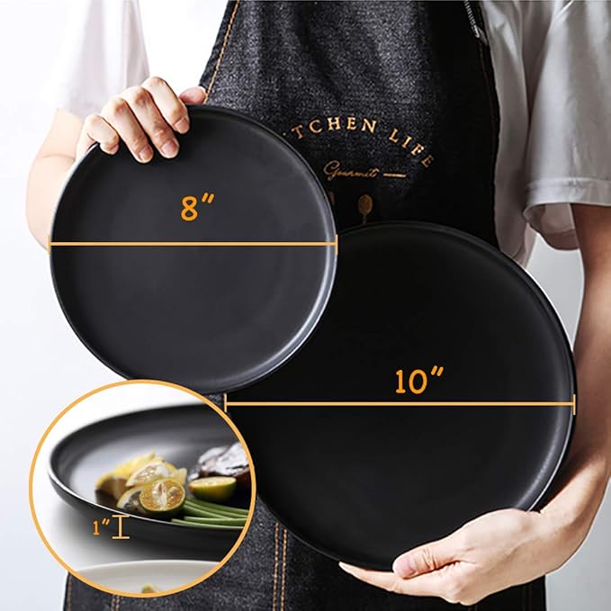 BonNoces Matte Black Porcelain Dinner Plate Set, 8-Inch Modern Round Reusable Lunch & Dessert Plates, 6 Count