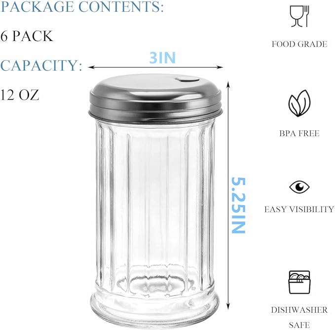 Tebery 4 Pack Sugar Shaker Dispenser Airtight, 12 Oz Thick Glass Sugar Pourer Container with Pour Flap Lid, Powdered Creamer Spice Dispenser for Coffee Bar, Salt, Pepper, Retro Style