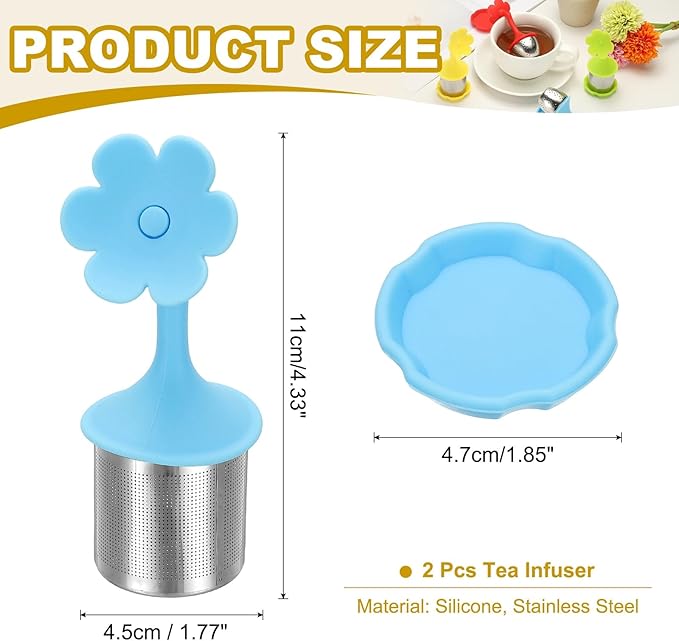 uxcell 2 Pcs Flower Tea Infuser, Stainless Steel Loose Leaf Tea Steeper Filter with Silicone Handle Reusable Thin Pores Mesh Strainer Diffuser for Teacups Teapots Mugs, Blue