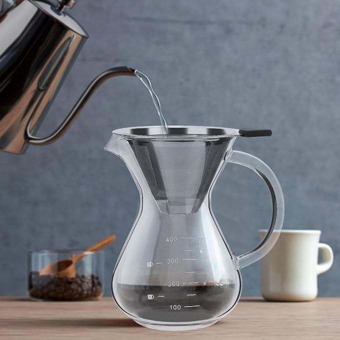 Pour Over Coffee Maker, 13oz Borosilicate Glass Brewer with Permanent Stainless Steel Filter - Complete Dripper Set for 1-2 Cups, Ideal for Home, Camping & Cafe Use