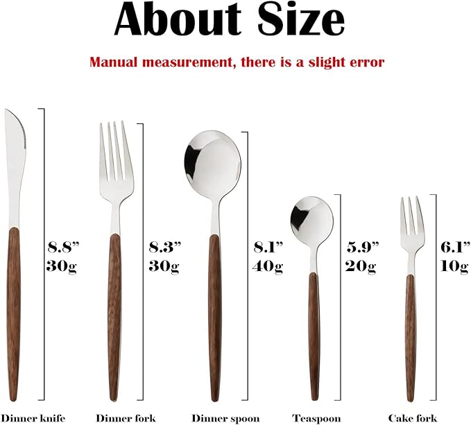 20-piece Wood Silverware Set for 4, Include Knife Fork Spoon, Stainless Steel Flatware Set with Wooden Handle, Mirror, Dishwasher Safe, for Home Kitchen Travel - Round Handle Silver