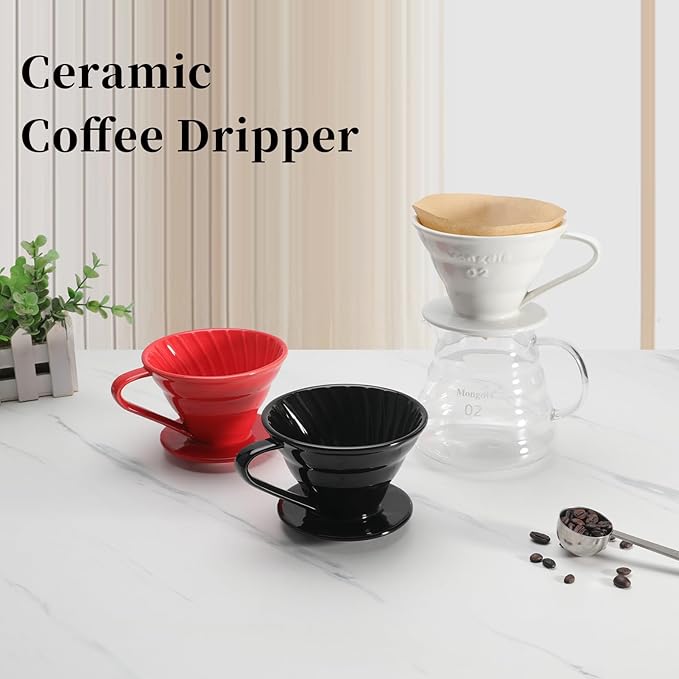 Mongdio Ceramic Pour Over Coffee Dripper, Reusable Porcelain Portable Pour Over Coffee Maker, Slow Brewing Accessories with 1 Holes for Home - Size 02 White