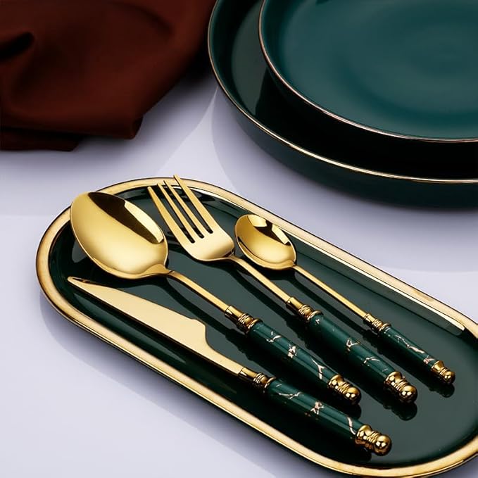 Stainless Steel Flatware serving set,Home Kitchen Eating Tableware Set,Dishwasher Safe,For Home Kitchen Restaurant Hote 24-piece Stainless Steel Cutlery With Ceramic Handles, Marble Crack Emerald Knif