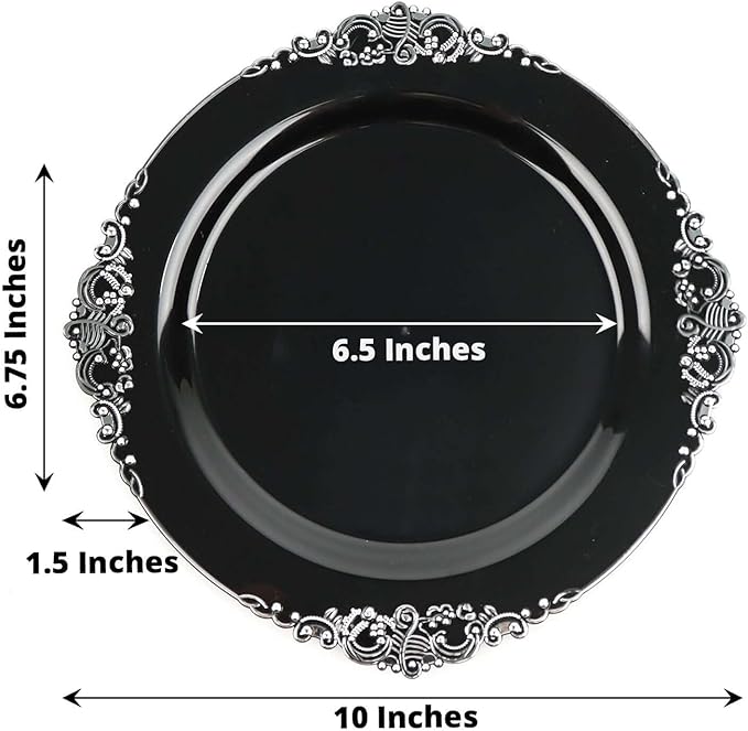 10" Dinner Plates -Set of 10 - Plastic Black Silver Round Baroque Disposable Chargers Leaf Embossed Rim, Ideal for Dinner Party Wedding Bulk Events