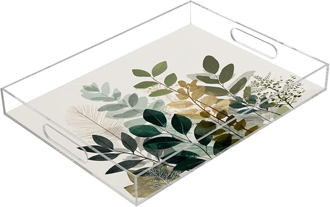 Serving Tray with Handles Clear Acrylic Tray 12x16 Inch Decorative Rectangular Tray Organizer for Ottoman Coffee Table Bathroom Beige Boho Style Leaves