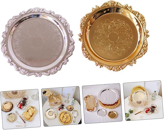 2 Pcs Premium Stainless Steel Food Serving Tray Silver and Gold Multi-Functional Plates for Desserts Fruits Snacks for Weddings Parties Restaurants and Home Use