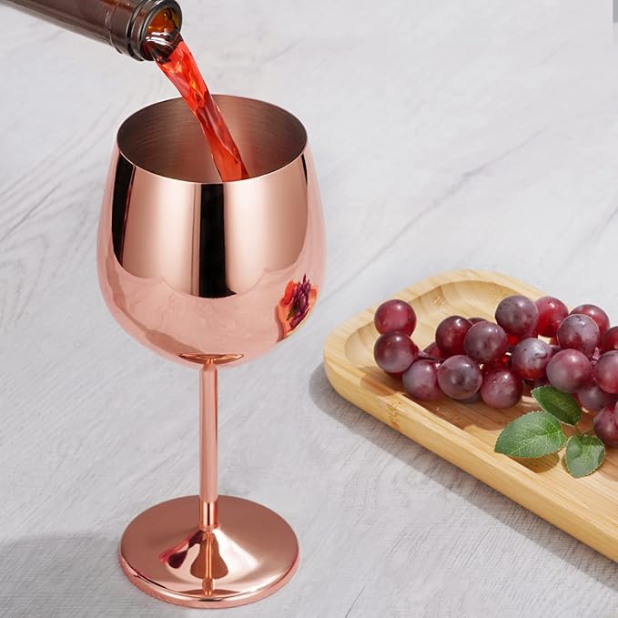 Lifecapido Stainless Steel Stem Wine Glasses Set of 6, 18oz Copper Wine Glasses, Stainless Steel Wine Goblets with Cup Brush for Party Office Wedding Anniversary, Great for Red White Wine(Rose Gold)