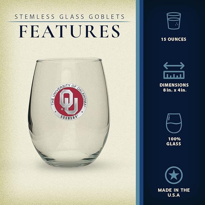 Heritage Pewter Oklahoma Sooners Stemless Glass Goblets – Set of 2 | 15 OZ Goblet Wine Glasses | Expertly Crafted Pewter Glass