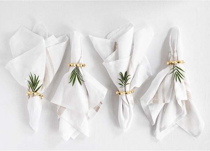 Solino Home Striped Linen Dinner Napkins Set of 4-100% Pure Linen Natural and White Cloth Napkins 20 x 20 Inch for Christmas, Winter, New Year - French Stripe, Handcrafted and Machine Washable