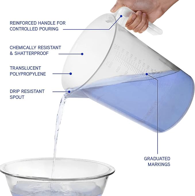 5 Liter Measuring Pitcher 3-Pack | 1.3 Gallon Shatterproof Plastic Large Graduated Mixing Pitchers, 1 to 2 Gallons (5L, 5000ml)
