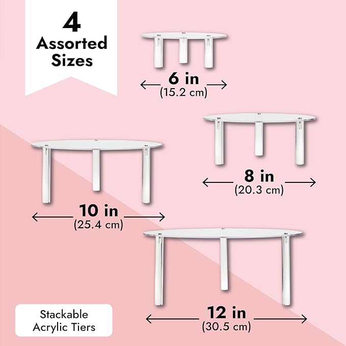 Juvale 4-Piece Round Acrylic Cake Stand Set - Versatile Dessert Display - Customizable Multi-Tier Buffet Risers - Easy-Store Stackable Acrylic Cupcake Stand - 6 in, 8 in, 10 in & 12 in, Clear