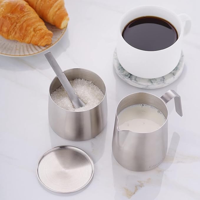 Easyworkz Stainless Steel Sugar bowl and Creamer Set, with Spoon and Anti-Drip Spout, Stackable Design, Brushed Silver