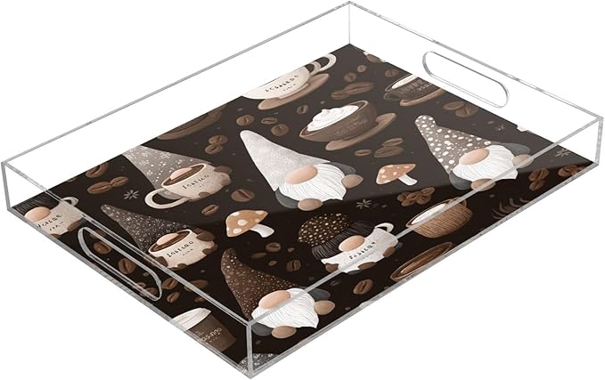 Serving Tray with Handles Clear Acrylic Tray 12x16 Inch Decorative Rectangular Tray Organizer for Ottoman Coffee Table Bathroom Brown Gnomes Coffee Beans