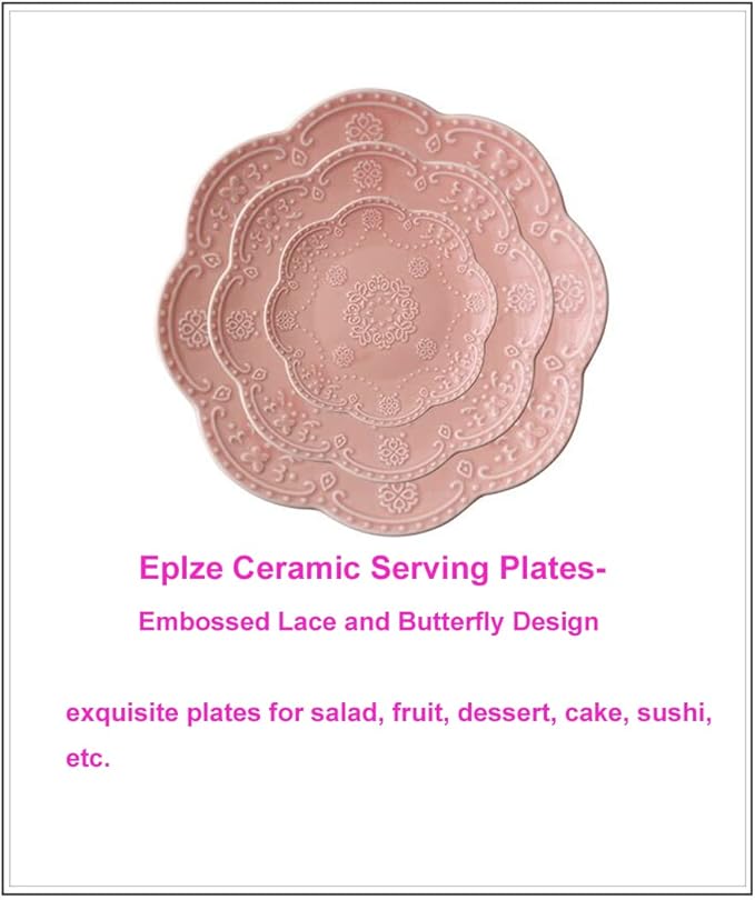 YBK Tech Elegant Round Embossed Lace Plate, Ceramic Serving Plate for Breakfast Afternoon Tea (Pink, 10-inch)